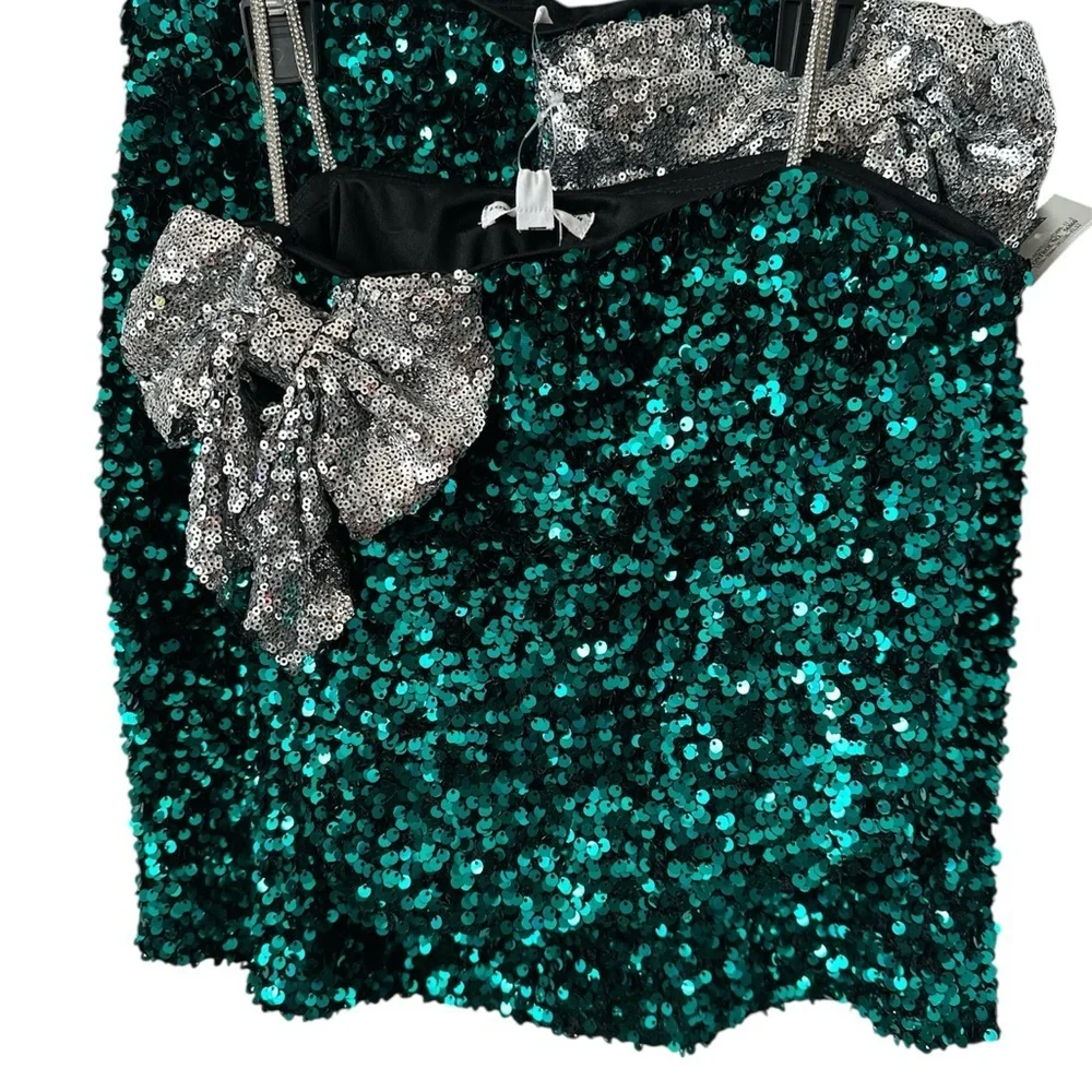 LOVE ON A HANGER Green & Silver Sequins Holiday 2 Pc Mini Cocktail Dress Medium - Picture 7 of 7